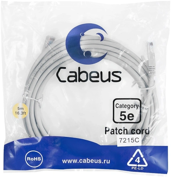 Патч-корд Cabeus PC-UTP-RJ45-CAT.5E-5M U/UTP RJ-45 вил.-вилка RJ-45 кат.5E 5м серый ПВХ