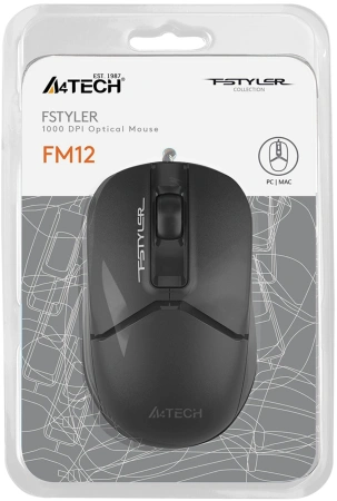 Мышь A4Tech Fstyler FM12S черный оптическая 1200dpi silent USB 3but (FM12S BLACK)