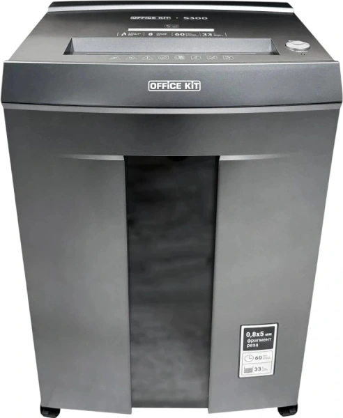 Шредер Office Kit S300 0,8x5 черный (секр.P-7) фрагменты 8лист. 33лтр. пл.карты CD