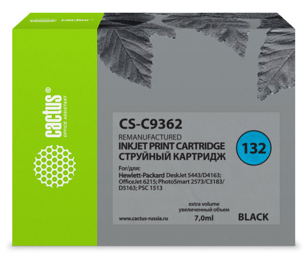 Картридж струйный Cactus CS-C9362 №132 черный (7мл) для HP DJ 5443/D4163/DJ 6215/PS 2573/C3183/D5163/PSC 1513 с чипом