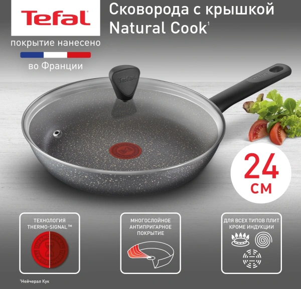 Сковорода Tefal Natural Cook 04234924 круглая 24см ручка несъемная (с крышкой) серый (9100052848)