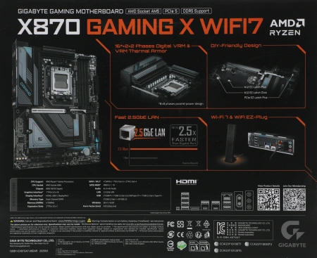 Материнская плата Gigabyte X870 GAMING X WIFI7 Socket AM5 AMD X870 ATX AC`97 8ch(7.1) 2.5Gg RAID+HDMI