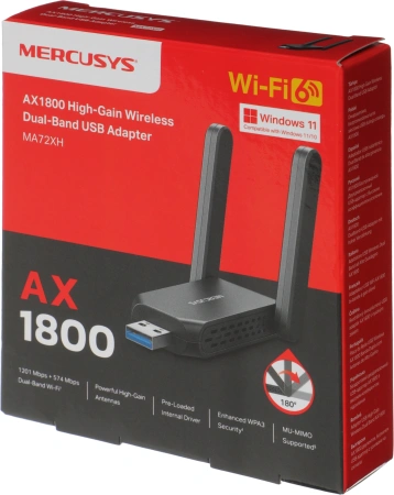 Сетевой адаптер Wi-Fi Mercusys MA72XH AX1800 USB 3.0 (ант.внеш.несъем.) 2ант.