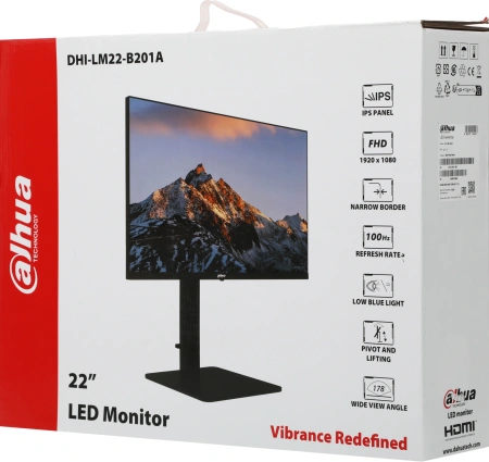 Монитор Dahua 21.5" DHI-LM22-B201A черный IPS LED 4ms 16:9 HDMI матовая HAS Piv 1000:1 250cd 178гр/178гр 1920x1080 100Hz VGA DP FHD 2.96кг