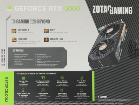 Видеокарта Zotac PCI-E 5.0 RTX 5060 AMP NVIDIA GeForce RTX 5060 8Gb 128bit GDDR7 2550/28000 HDMIx1 DPx3 HDCP Ret