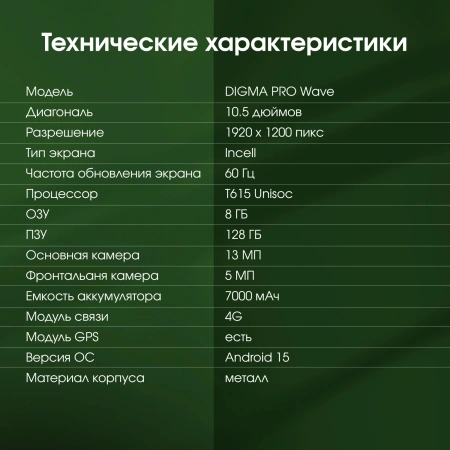 Планшет Digma Pro Wave T615 (1.8) 8C RAM8Gb ROM128Gb 10.5" In-Cell 1920x1200 4G Android 15 серый 13Mpix 5Mpix BT WiFi microSD 1Tb 7000mAh 94hrs
