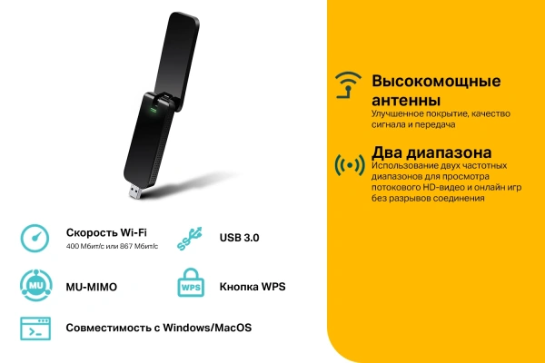 Сетевой адаптер Wi-Fi TP-Link Archer T4U AC1300 USB 3.0 (ант.внеш.несъем.)