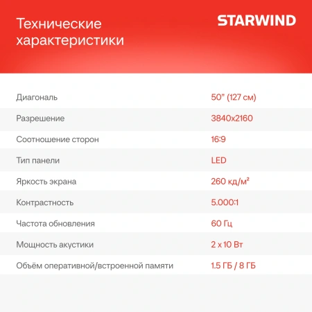 Телевизор LED Starwind 50" SW-LED50UG403 Яндекс.ТВ Frameless черный 4K Ultra HD 60Hz DVB-T DVB-T2 DVB-C DVB-S DVB-S2 USB WiFi Smart TV