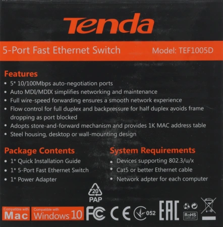 Коммутатор Tenda TEF1005D (L2) 5x100Мбит/с неуправляемый