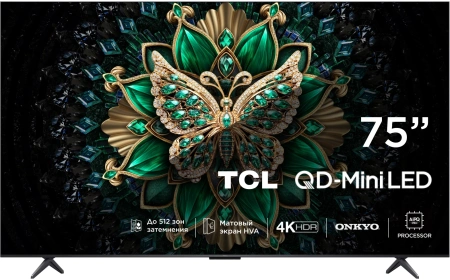 Телевизор LED TCL 75" 75C6K QD-Mini LED черный 4K Ultra HD 144Hz MEMC DVB-T DVB-T2 DVB-C DVB-S DVB-S2 USB WiFi Smart TV (RUS)