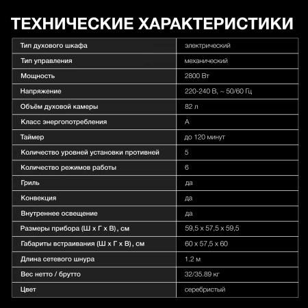 Духовой шкаф Электрический Hyundai HEO 6634 IX черный/серебристый