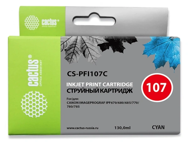 Картридж струйный Cactus CS-PFI107C PFI-107 C синий (130мл) для Canon IP iPF670/iPF680/iPF685/iPF770/iPF780/iPF785/ с чипом