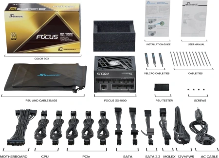 Блок питания Seasonic ATX 1000W Focus GX-1000 80+ gold (20+4pin) APFC 135mm fan 10xSATA Cab Manag RTL