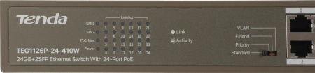 Коммутатор Tenda TEG1126P-24-410W (L2) 24x1Гбит/с 2SFP 24PoE 370W неуправляемый