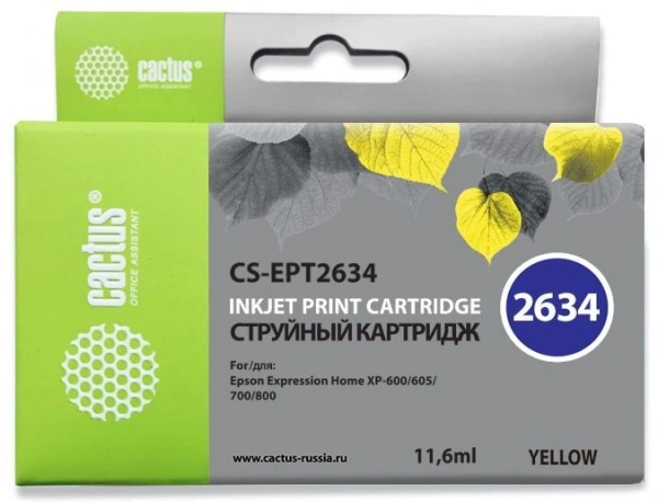 Картридж струйный Cactus CS-EPT2634 26XL желтый (12.4мл) для Epson Expression Home XP-600/605/700/800 с чипом