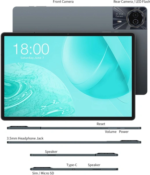 Планшет Teclast Odea S11 T606 (2.2) 8C RAM6Gb ROM256Gb 11" IPS 1920x1200 4G Android 14 серый 13Mpix 8Mpix BT WiFi microSD 1Tb 8000mAh 15hr