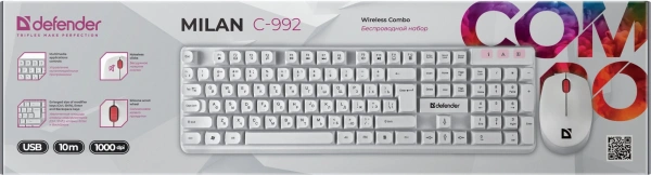 Клавиатура + мышь Defender Milan C-992 клав:белый мышь:белый/красный USB беспроводная Multimedia (45994)