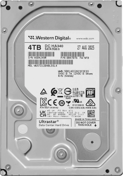 Жесткий диск WD SATA-III 4TB 0B47076 WUS721204BLE6L4 Server Ultrastar DC HA340 512E (7200rpm) 256Mb 3.5"