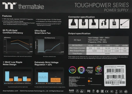 Блок питания Thermaltake ATX 650W Toughpower GF1 ARGB 80+ gold (20+4pin) APFC 140mm fan color LED 9xSATA Cab Manag RTL