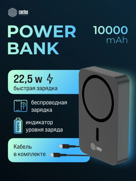 Мобильный аккумулятор Cactus CS-PBFSTA-10000 10000mAh 22.5W 4.5A USB-C беспров.зар. серый
