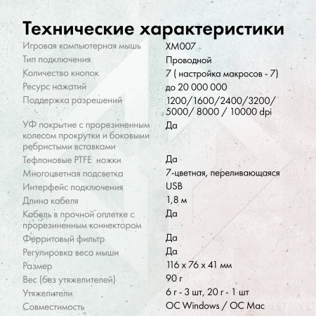Мышь GMNG XM007 черный/серый оптическая 10000dpi USB для ноутбука 7but