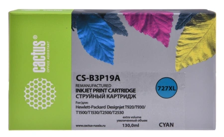 Картридж струйный Cactus CS-B3P19A №727 голубой (130мл) для HP DJ T920/T1500 с чипом