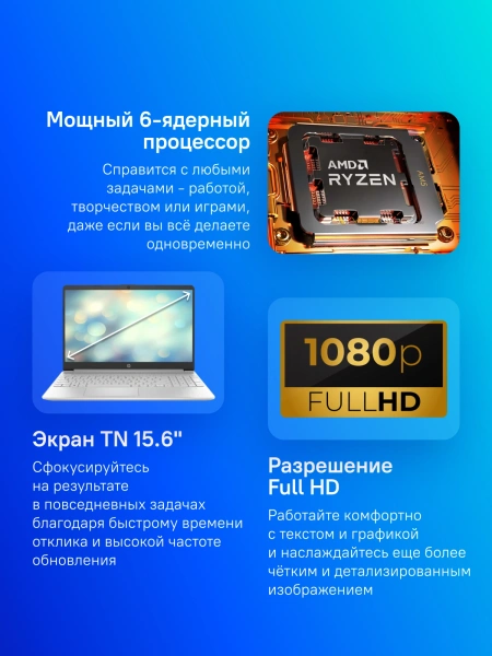 Ноутбук HP 15s-eq3009ny Ryzen 5 5625U 8Gb SSD512Gb AMD Radeon Graphics 15.6" SVA FHD (1920x1080) FreeDOS silver WiFi BT Cam (7D1D7EA)