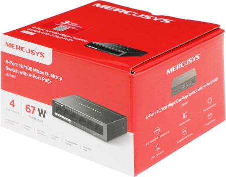 Коммутатор Mercusys MS106P (L2) 6x100Мбит/с 4PoE+ 67W неуправляемый