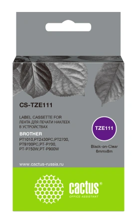 Картридж ленточный Cactus CS-TZE111 TZe-111 черный на прозрачном 6x8 для Brother 1010/1280/1280VP/2700VP без чипа
