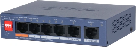Коммутатор Dahua DH-CS4006-4ET2GT-60 (L2) 4x100Мбит/с 2x1Гбит/с 2xКомбо(1000BASE-T/SFP) 4PoE 60W управляемый