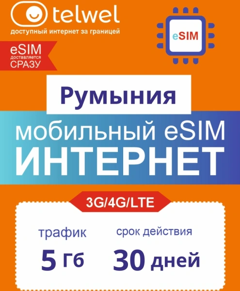 Карта eSIM Telwel Travel пакет Румыния 5Гб 30 дней