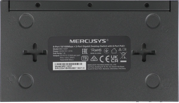 Коммутатор Mercusys MS110CP (L2) 8x100Мбит/с 2x1Гбит/с 8PoE+ 65W неуправляемый