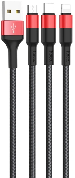 Кабель Hoco X26 Xpress one 80282 USB (m)-Lightning (m)/USB Type-C (m)/micro USB (m) 1м черный/красный