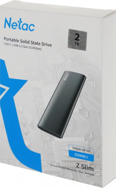 Накопитель SSD Netac USB-C 2TB NT01ZSLIM-002T-32BK Z Slim черный