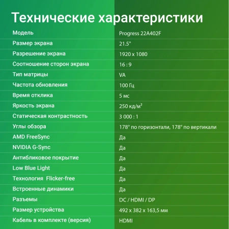 Монитор Digma 21.5" Progress 22A402F черный VA LED 5ms 16:9 HDMI M/M матовая 250cd 160гр/178гр 1920x1080 100Hz G-Sync DP FHD 2.2кг