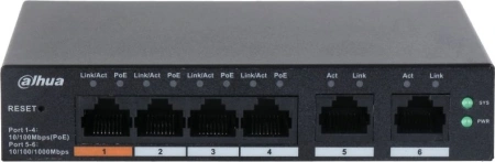 Коммутатор Dahua DH-CS4006-4ET-60 (L2) 4x100Мбит/с 2xКомбо(1000BASE-T/SFP) 30W управляемый