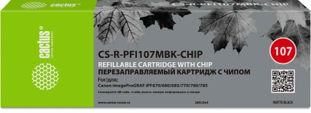 Картридж перезаправляемый струйный Cactus CS-R-PFI107MBK-CHIP черный матовый (260мл) для Canon imageProGRAF iPF670/680/685/770/780/785 с чипом