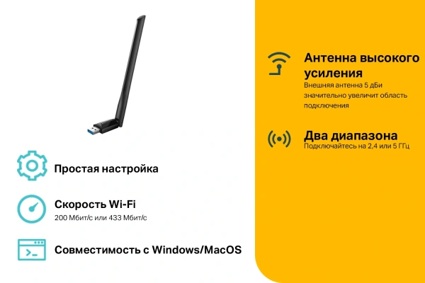 Сетевой адаптер Wi-Fi TP-Link Archer T2U Plus AC600 USB 2.0 (ант.внеш.несъем.) 1ант.