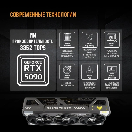 Видеокарта Asus PCI-E 5.0 TUF-RTX5090-32G-GAMING NVIDIA GeForce RTX 5090 32Gb 512bit GDDR7 2407/28000 HDMIx2 DPx3 HDCP Ret