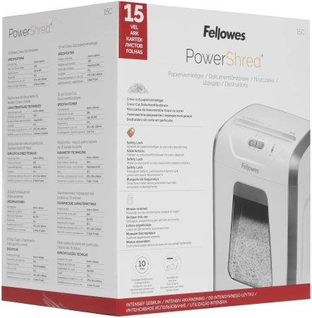 Шредер Fellowes PowerShred 15С белый (секр.P-4) фрагменты 15лист. 19лтр. скрепки скобы пл.карты