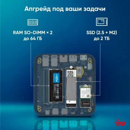 Неттоп IRU Tactio 525 Ryzen 7 6800H (3.3) 16Gb SSD1Tb 680M FreeDOS GbitEth WiFi BT 120W черный (2113241)