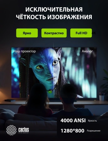 Проектор Cactus Bright CS-V3.B 3LCD 64000Lm LS 4000Lm ANSI (1280x800) 30000:1 ресурс лампы:10000часов 1xUSB typeA 1xUSB typeB 2xHDMI 4кг