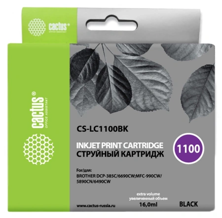 Картридж струйный Cactus CS-LC1100BK черный (16мл) для Brother DCP-385c/6690cw/MFC-990/5890/5895/6490 с чипом