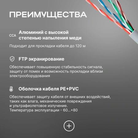Кабель сетевой Ningbo FTP 4 пары cat.5E solid 0.5мм CCA molded 305м серый