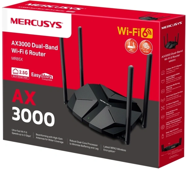 Роутер беспроводной Mercusys MR85X AX3000 10/100/1000/2500BASE-T черный