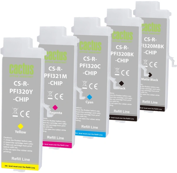 Картридж перезаправляемый струйный Cactus CS-R-PFI321SET-CHIP/черный/черный матовый/голубой/желтый/пурпурный набор 5шт.упак. для Canon imagePROGRAF TM-250/255/350/355 с чипом
