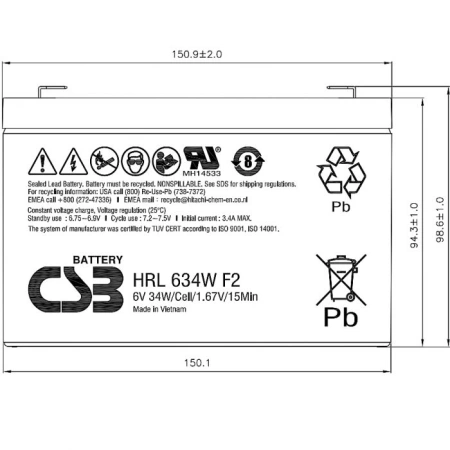 Батарея для ИБП CSB HRL634W F2 FR 6В 34Ач