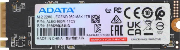 Накопитель SSD A-Data PCIe 4.0 x4 1TB ALEG-960M-1TCS Legend 960 Max M.2 2280