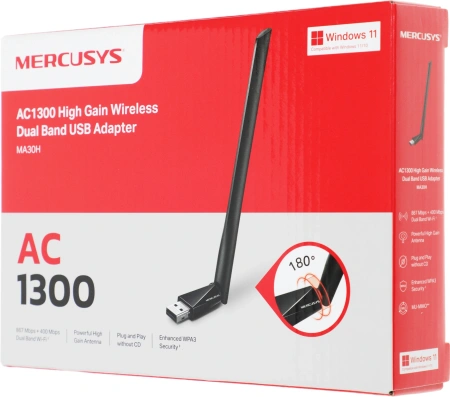 Сетевой адаптер Wi-Fi Mercusys MA30H AC1300 USB 2.0 (ант.внеш.несъем.) 1ант.