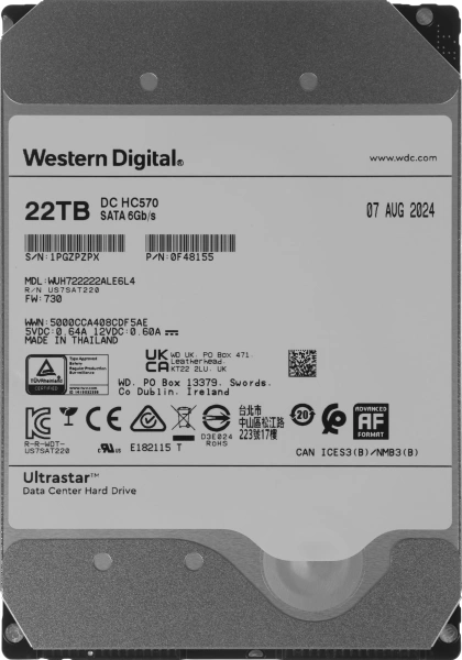 Жесткий диск WD SATA-III 22TB 0F48155 WUH722222ALE6L4 Server Ultrastar DC HC570 512E (7200rpm) 512Mb 3.5"